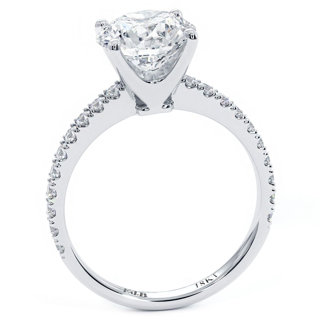 Side view of petite micro prong set round brilliant diamond engagement ring in 18k white gold (0.42ctw), handcrafted by Global Sky Diamonds, NYC Diamond District, 44W 47th St GF-10, globalskydiamond.com, follow @globalskydiamonds for more