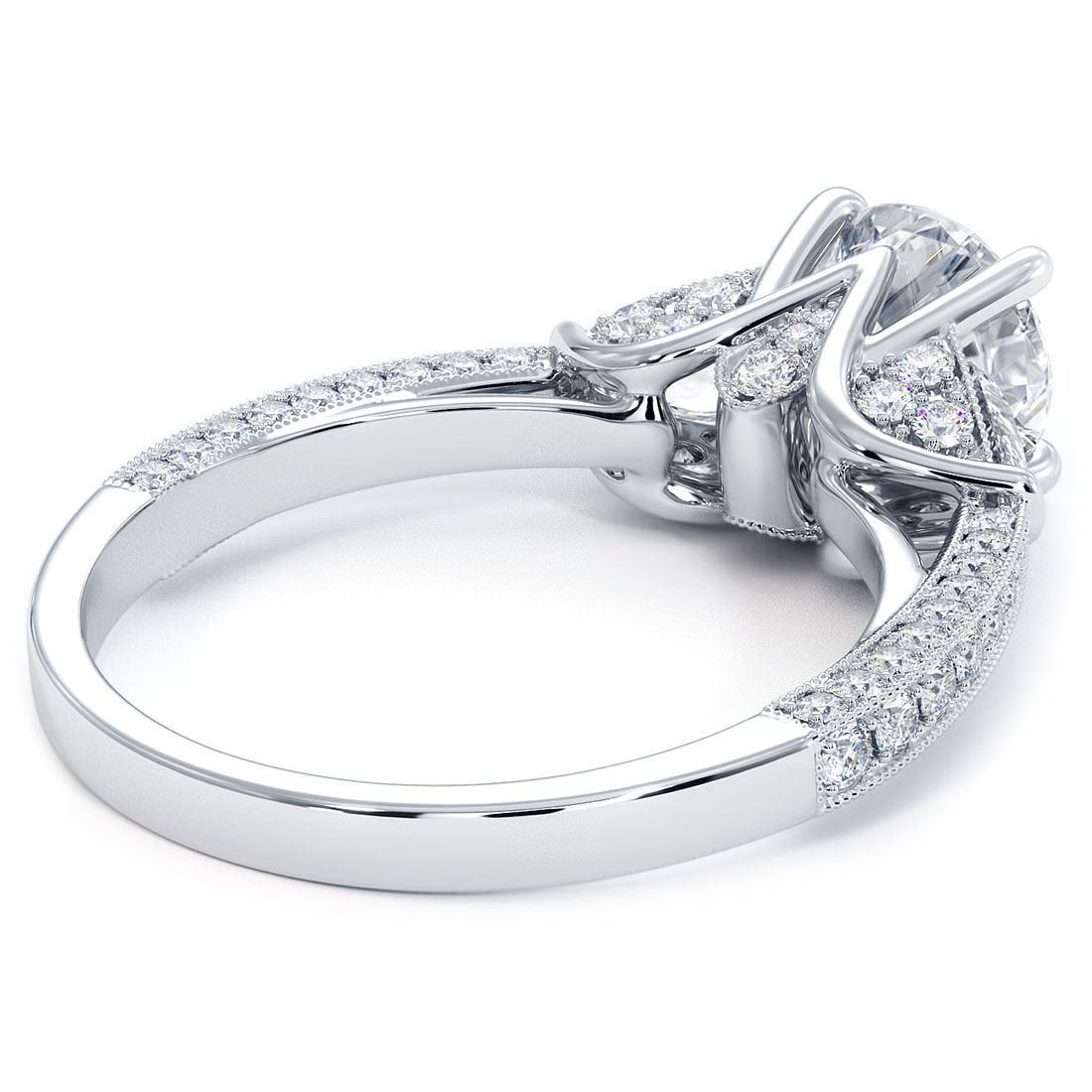 18k white gold round cut diamond ring with milgrain edges and side stones, classic vintage bridal setting