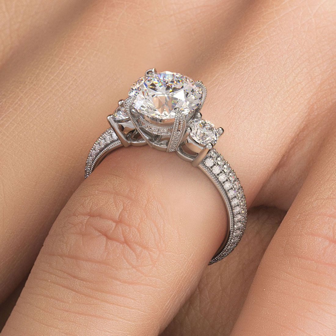 Luxury diamond engagement ring with three-stone setting and intricate micropavé detail, shown on hand to highlight brilliance and craftsmanship – shop at globalskydiamond.com | TikTok: @global.sky.diamond