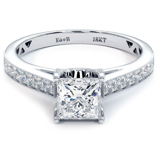 Princess cut cathedral diamond engagement ring in 18k white gold with milgrain and channel-set diamonds – Global Sky Diamonds Mazalito design from the Diamond District. Shop now at GlobalSkyDiamonds.com.