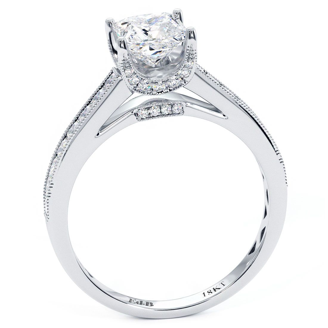 Side profile of cathedral-style princess cut diamond ring with vintage milgrain detail and pavé-set accents – Global Sky Diamonds exclusive from NYC’s Diamond District. Shop at GlobalSkyDiamonds.com.