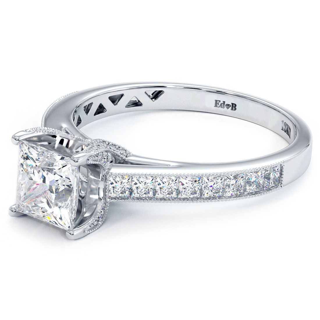Angled top view of 18k white gold princess cut engagement ring with channel-set diamonds and milgrain edges – a signature Mazalito piece by Global Sky Diamonds. Explore more at GlobalSkyDiamonds.com.