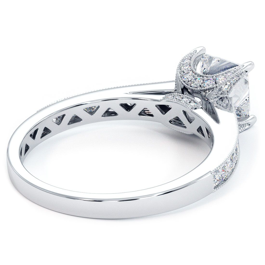 Undergallery view of handcrafted cathedral diamond ring with intricate milgrain and diamond accents – Global Sky Diamonds craftsmanship from the Diamond District. Shop now at GlobalSkyDiamonds.com.