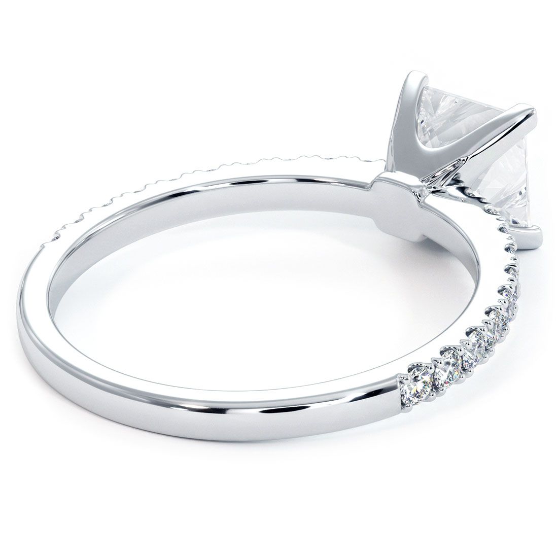 Elegant reverse view of 18k white gold engagement ring with petite micro prong diamond accents and a stunning princess cut center — sleek and luxurious Mazalito design.