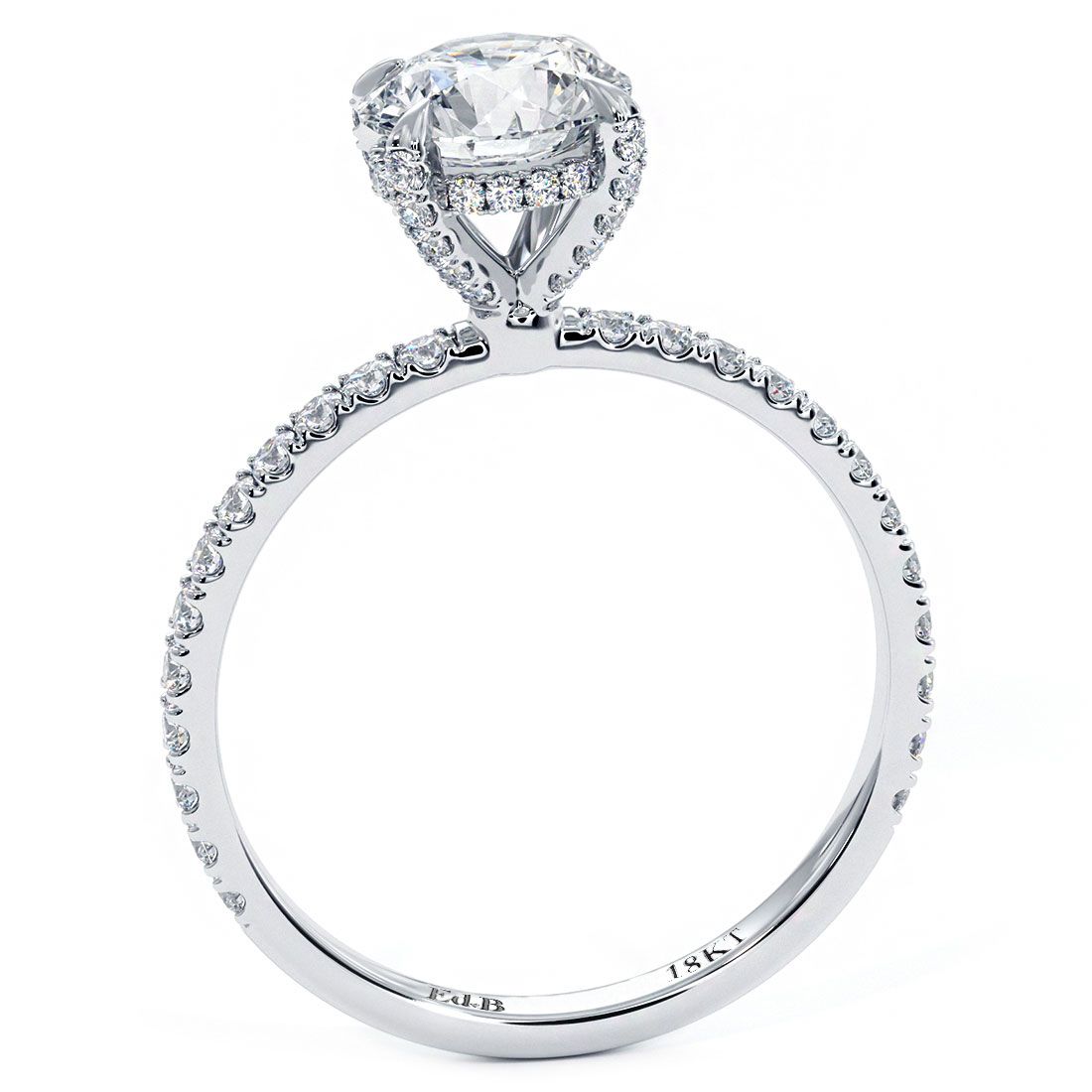 Side profile of round hidden halo diamond engagement ring setting with basket head, eagle prongs, and petite micropavé diamonds (0.36ctw) in 18k white gold | Premium craftsmanship from Global Sky Diamonds – Mazalito brilliance in NYC’s Diamond District | globalskydiamond.com