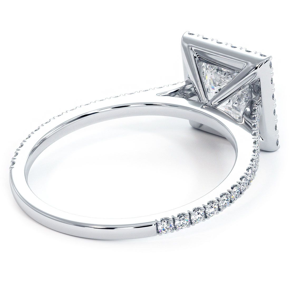 Princess cut halo ring in white gold with micropavé undergallery detail, globalskydiamond.com, NYC 44W 47th booth GF-10