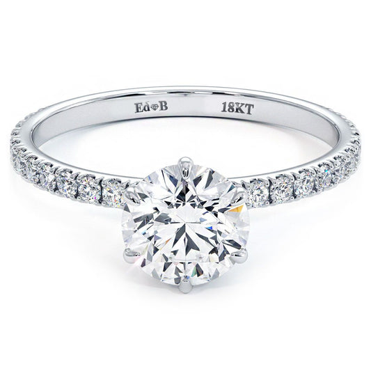 6-prong round diamond engagement ring setting in 18k white gold with 0.30ctw micropavé shank, globalskydiamond.com, Diamond District NYC