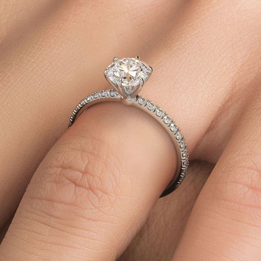 Petite micropavé diamond shank engagement ring in 18k white gold with 6-prong head, fits 1.50ct round — globalskydiamond.com, NYC, Booth GF-10