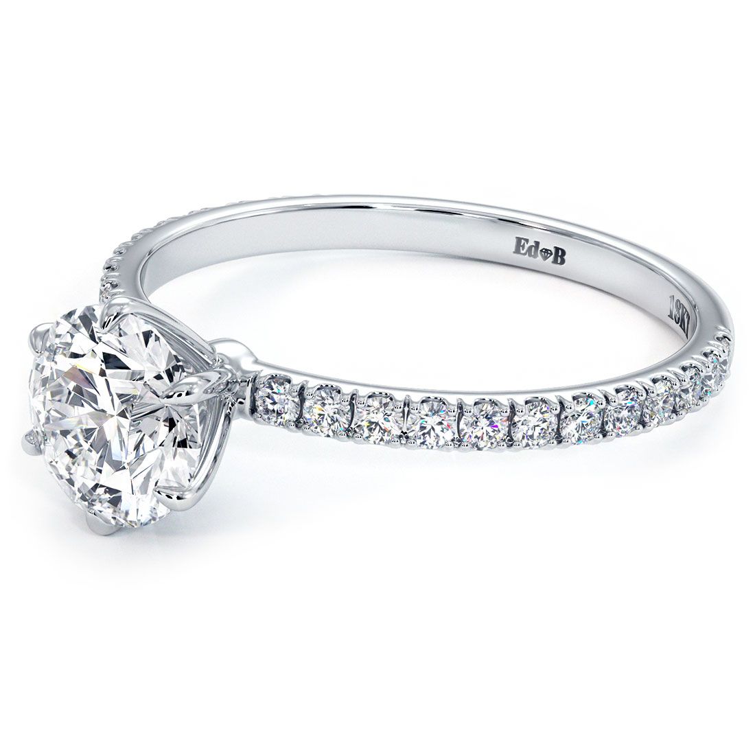 Top view of 6-prong engagement ring setting with round head and micropavé diamonds in 18k white gold — globalskydiamond.com, Diamond District NYC