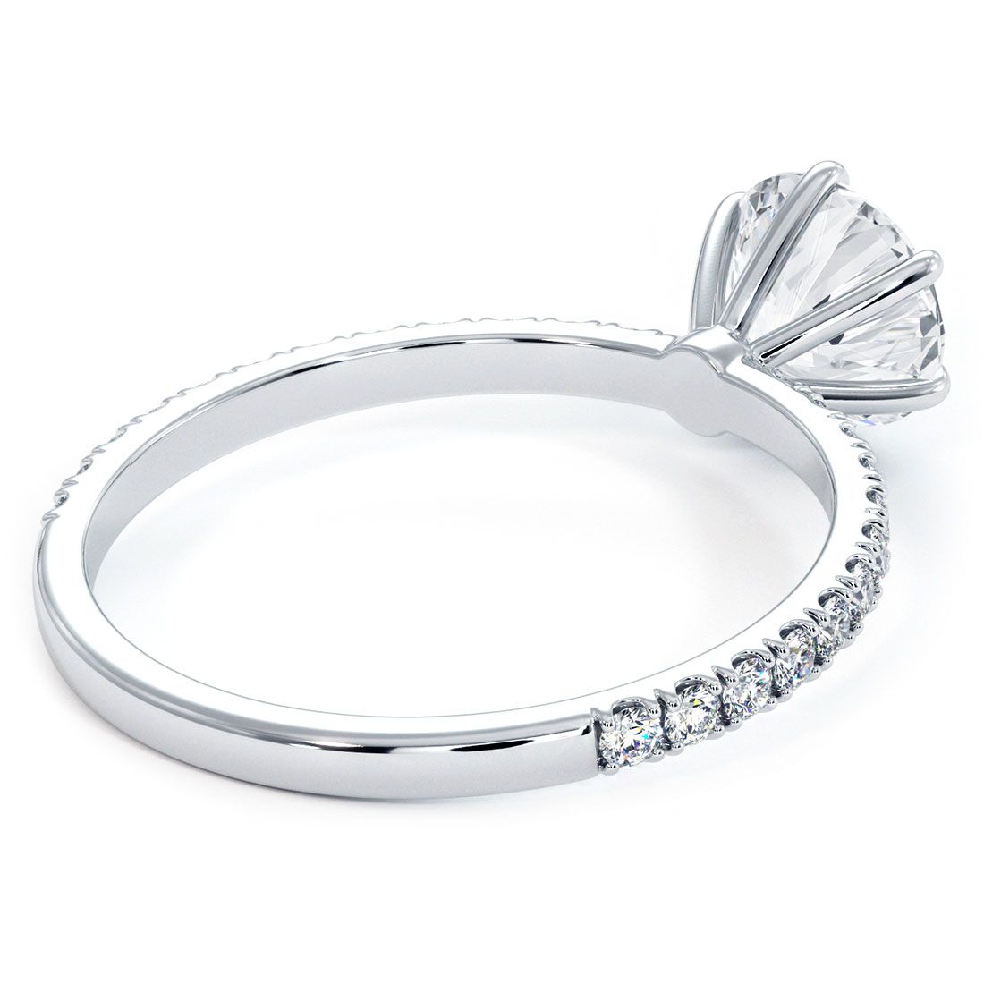 Under-gallery of 18k white gold engagement ring with 6-prong round head and micropavé SI1 G diamonds — globalskydiamond.com, Booth GF-10 NYC