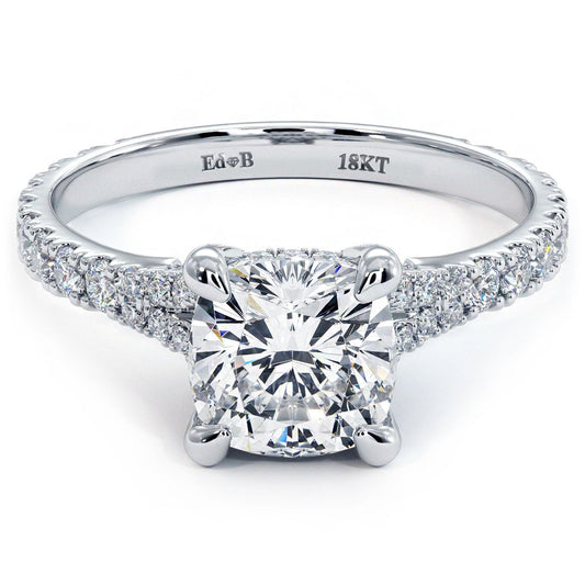 Front view of Cushion Cut Micropavé Cathedral Split Shank Diamond Engagement Ring Setting in 18k white gold, designed for a 1.50ct cushion center stone, featuring G color SI1 clarity micropavé side diamonds totaling 0.60ctw. Elegant prong setting and modern cathedral architecture by Global Sky Diamonds in NYC Diamond District, 44W 47th St Booth GF-10. Shop premium bridal jewelry at globalskydiamond.com