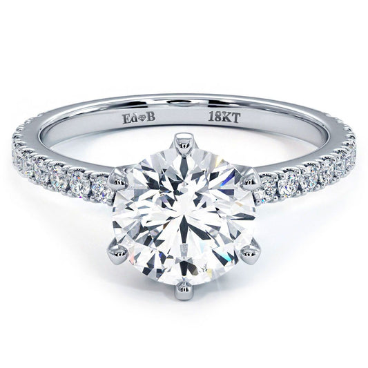 6-prong round diamond engagement ring setting in 18k white gold with petite micropavé shank (0.30ctw) — globalskydiamond.com, Diamond District NYC, 44W 47th St GF-10
