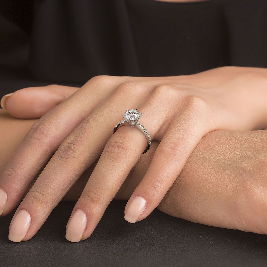 Elegant 6-prong solitaire engagement ring setting with petite micropavé diamond shank in 18k white gold — globalskydiamond.com, 44W 47th St GF-10 NYC