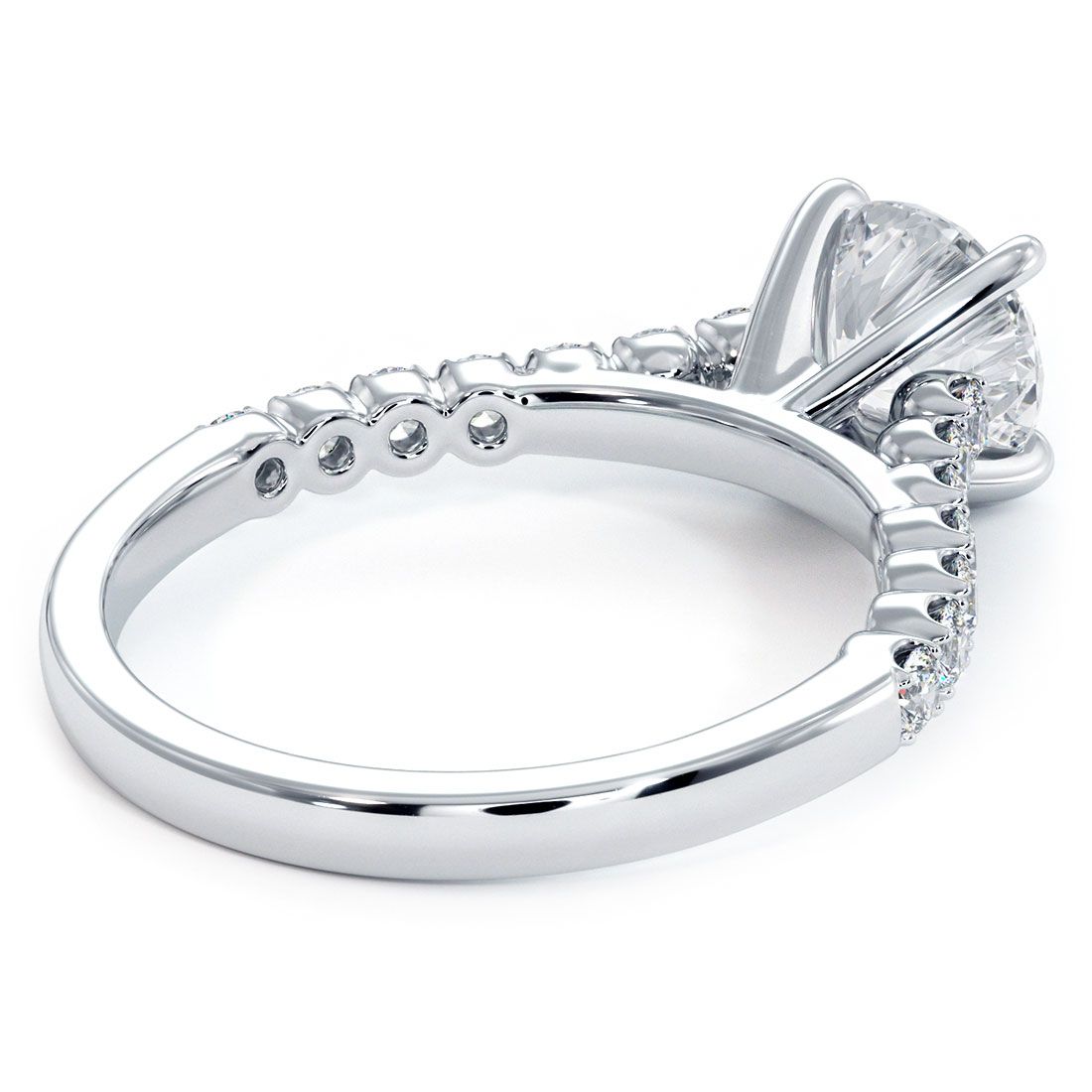 Detailed side angle of round brilliant diamond ring setting in 18k white gold with beaded prong band, 0.40ct total weight G SI1 diamonds, fits 1.0 carat center (not included), from GlobalSkyDiamond.com, NYC Diamond District Booth GF-10.