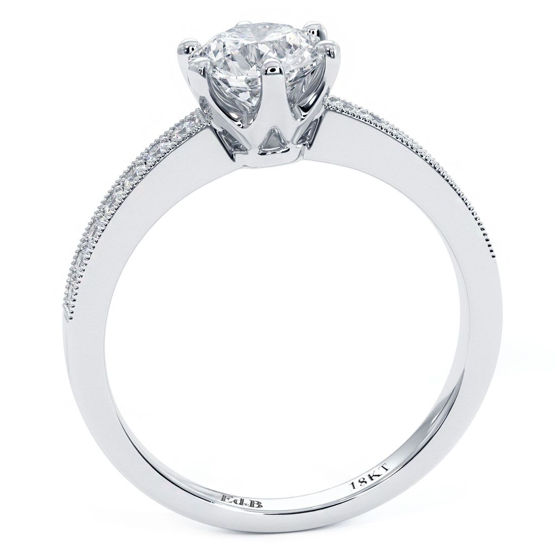 Side profile of elegant 6-prong round brilliant engagement ring setting in 18k white gold with detailed micropavé milgrain diamonds along the shank, 0.16ctw G color SI1 clarity. Designed to hold a 1.0ct round diamond. Available at Global Sky Diamonds, Diamond District NYC, 44W 47th St GF-10. Visit globalskydiamond.com