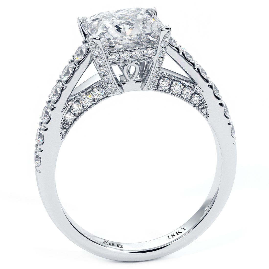 Side view of princess cut diamond engagement ring setting in 18k white gold with milgrain prongs, micropavé halo, SI1 G diamonds, center stone not included. Buy from Global Sky Diamonds NYC Diamond District. globalskydiamond.com