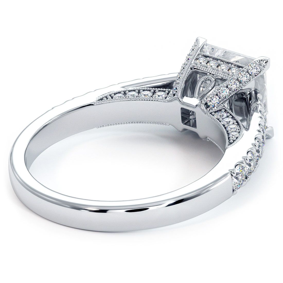 Detailed underside view of 18k white gold princess cut diamond engagement ring setting with pavé-set diamonds, SI1 G clarity, center stone not included. Explore designs at Global Sky Diamonds NYC. globalskydiamond.com