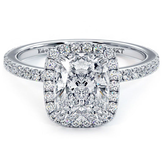 Cushion cut halo diamond engagement ring setting in 18k white gold with micropavé diamonds, 0.66ctw, from globalskydiamond.com