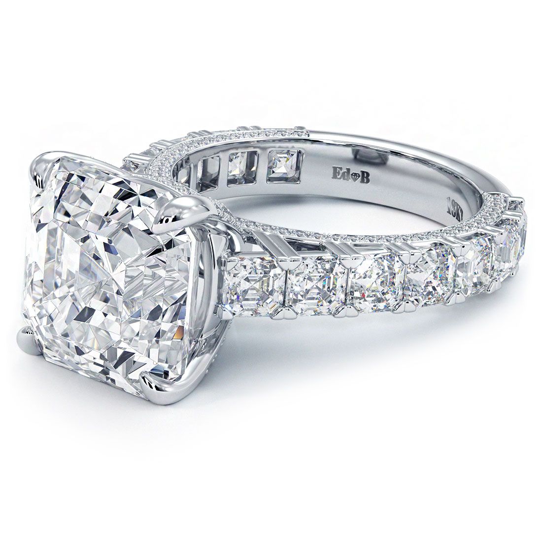 Asscher cut diamond setting in radiant 18K white gold with cathedral arches and precision micropavé diamonds totaling 3.50ctw. Designed to hold a 7.0ct Asscher center. G color, SI1 clarity side stones. Artisan crafted in NYC’s Diamond District by Global Sky Diamonds, 44W 47th St Booth GF-10. globalskydiamond.com @globalskydiamonds @global.sky.diamond