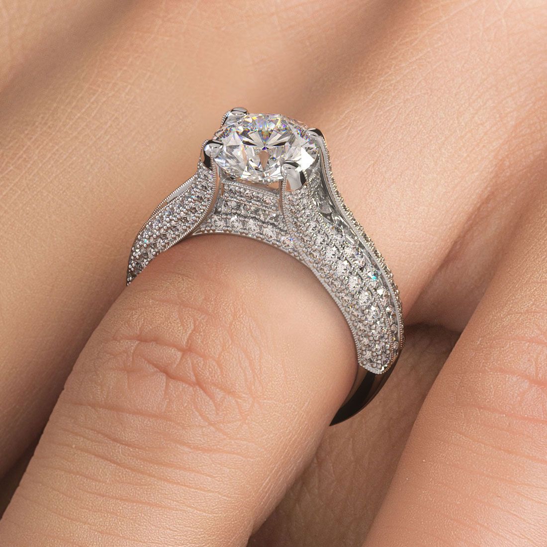 Close-up of cushion halo ring setting with round center diamond mount, vintage-style micropavé design in 18k white gold, 2.65ctw – handcrafted by Global Sky Diamonds in NYC Diamond District.