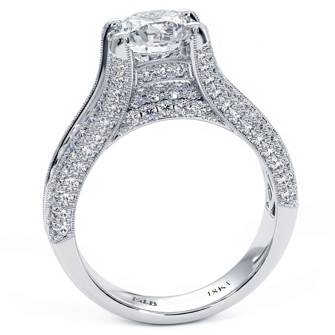 Side profile of cushion halo vintage engagement ring setting with round center, 2.65 carats total micropavé diamonds in 18k white gold – from GlobalSkyDiamond.com, trusted NYC jeweler.