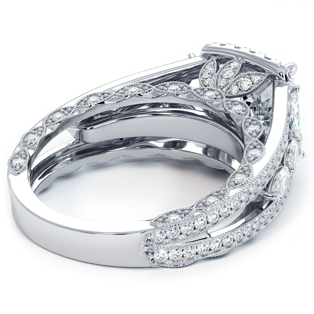 Diamond engagement ring setting in 18k white gold featuring cushion halo with vintage micropavé and graduated shank, side diamonds G SI1 clarity totaling 2.65ctw, center stone not included (fits 3.50ct round) – handcrafted by Mazalito at Global Sky Diamonds, www.globalskydiamond.com