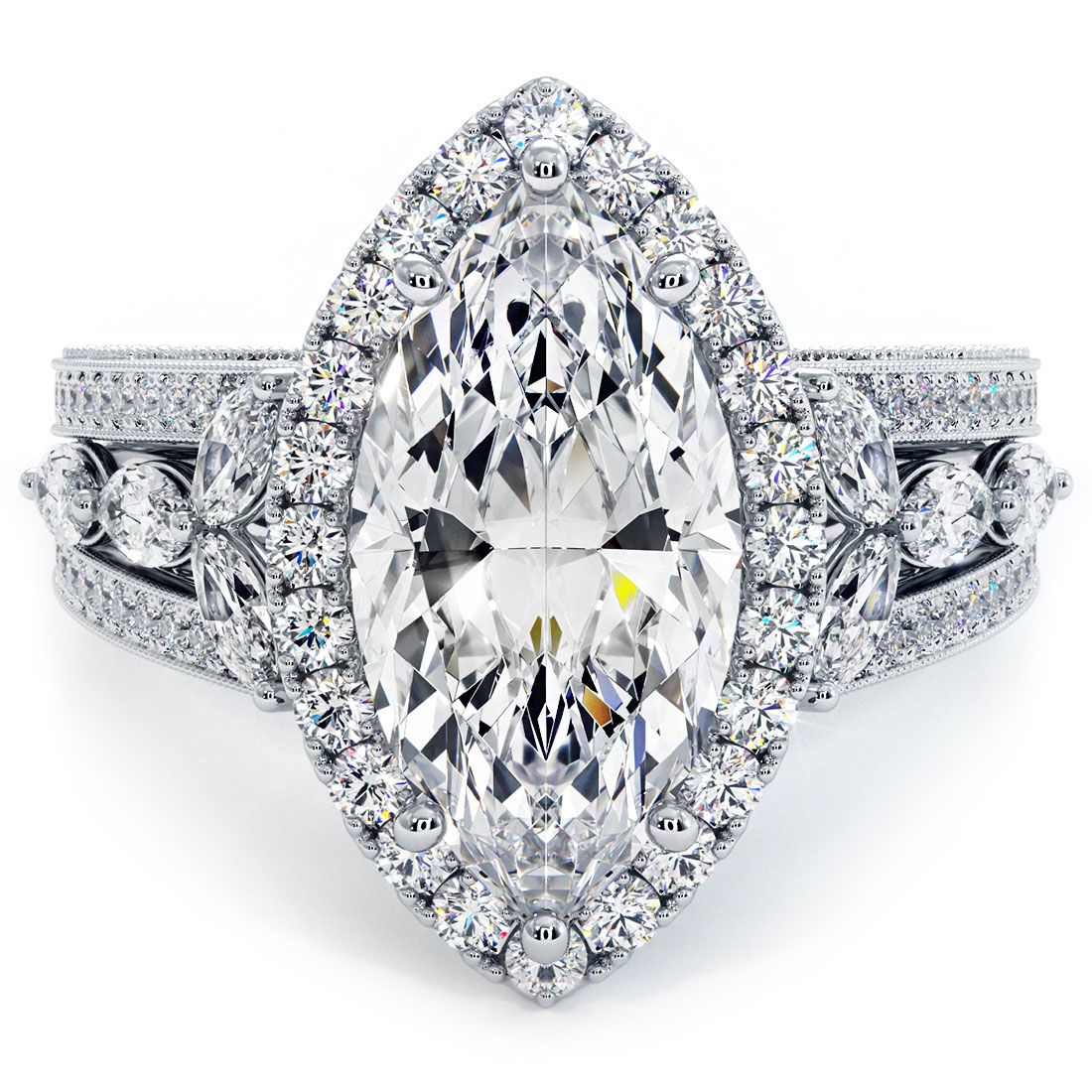 Elegant marquise halo diamond engagement ring setting with micropavé diamonds and milgrain detail in 18k white gold, handcrafted at Global Sky Diamonds in NYC’s Diamond District – available at globalskydiamond.com