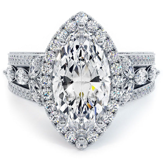 Elegant marquise halo diamond engagement ring setting with micropavé diamonds and milgrain detail in 18k white gold, handcrafted at Global Sky Diamonds in NYC’s Diamond District – available at globalskydiamond.com