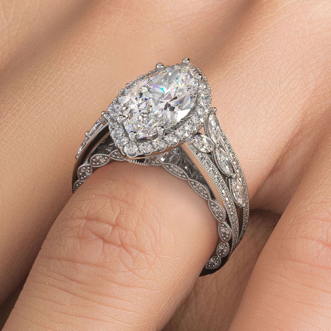 Side view of marquise-shaped engagement ring setting with vintage halo and micropavé band in 18k white gold from Global Sky Diamonds – shop online at globalskydiamond.com