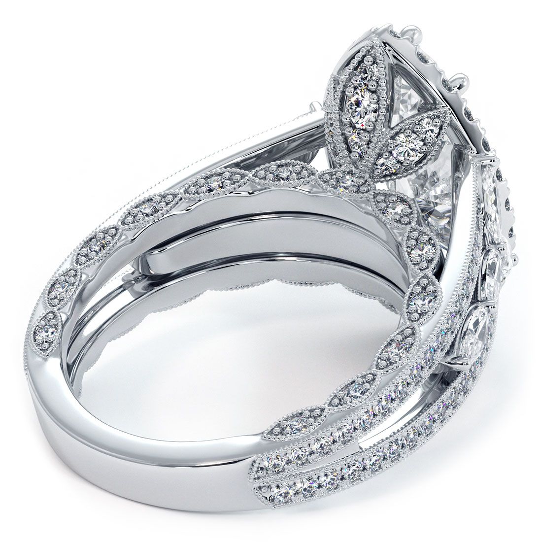 Handcrafted marquise diamond halo ring setting with 1.60ctw of G/SI1 diamonds, micropavé band, and milgrain design in 18k white gold – from Global Sky Diamonds in NYC – globalskydiamond.com