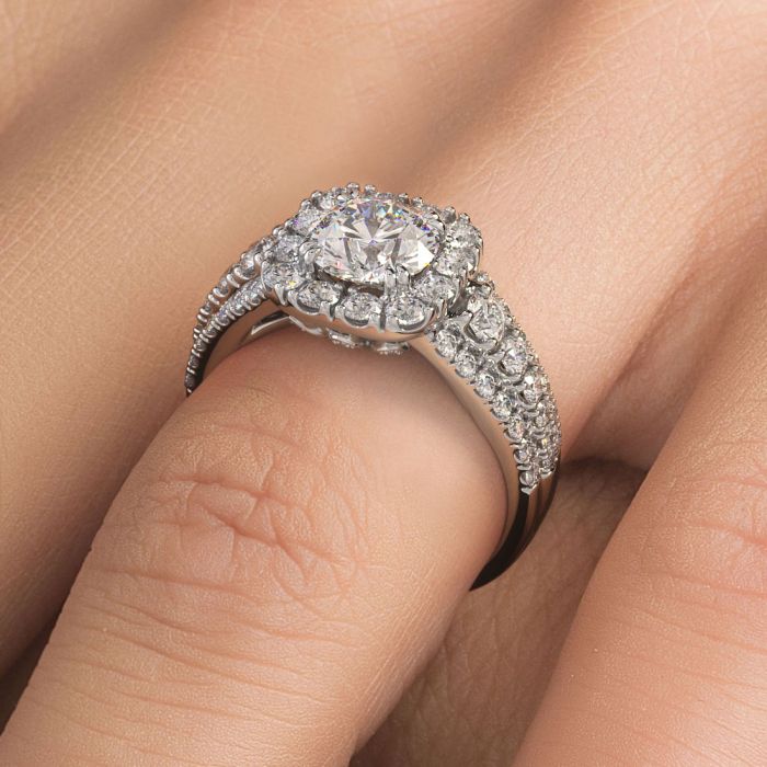 Side view of cushion halo diamond engagement ring setting with antique-style micropavé tapered shank, crafted in 18k white gold, exclusive to GlobalSkyDiamond.com, located in Manhattan’s Diamond District