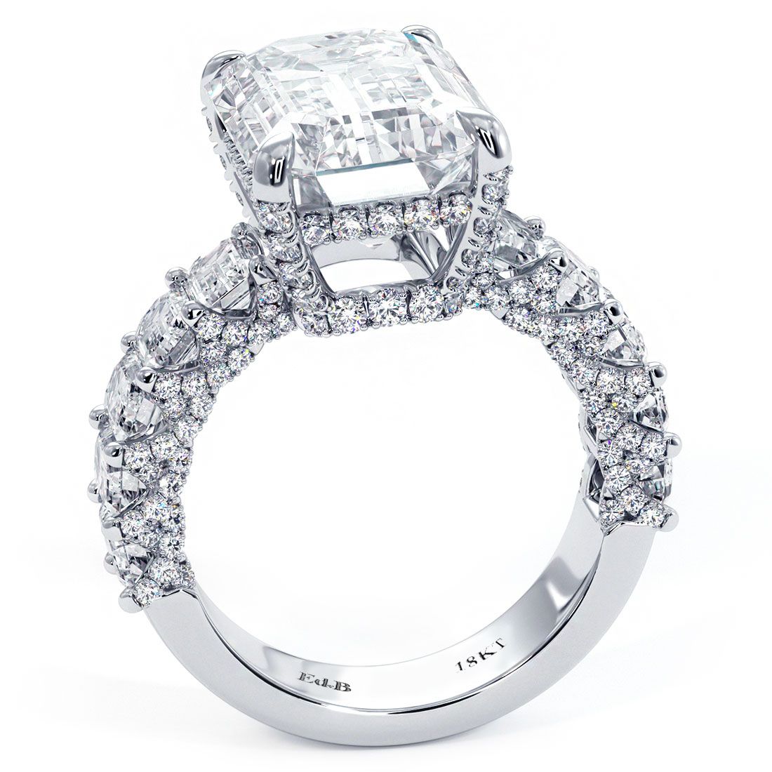Side profile of emerald cut engagement ring setting with double row micropavé diamonds, cathedral-style band in 18k white gold, expertly crafted with 5.12 carats of G/SI1 diamonds, from Global Sky Diamond in NYC Diamond District — visit globalskydiamond.com for luxury bridal jewelry.