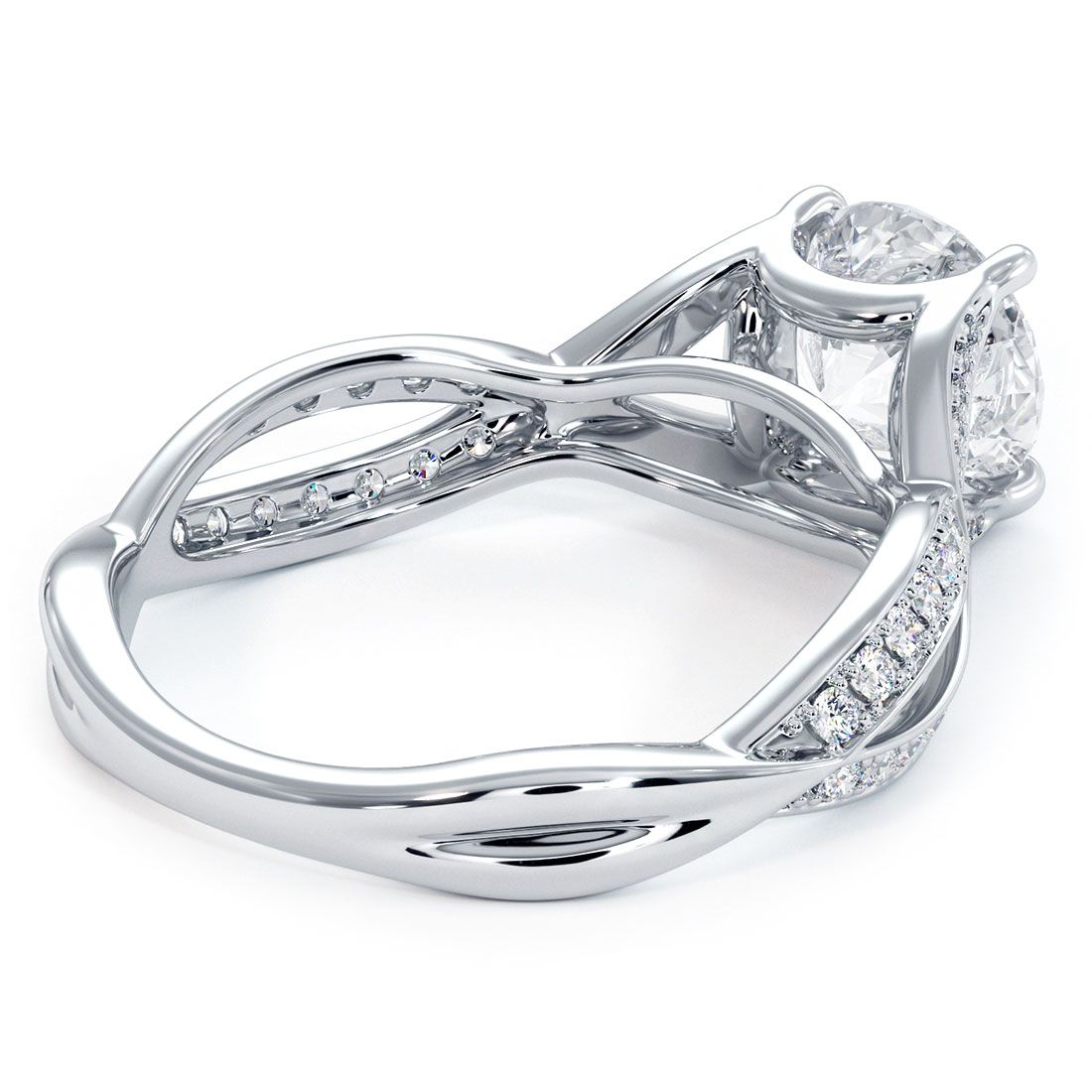 Underside of cathedral infinity twist ring setting with 0.42ctw micropavé diamonds in 18k white gold — Global Sky Diamonds, Diamond District NYC — globalskydiamond.com