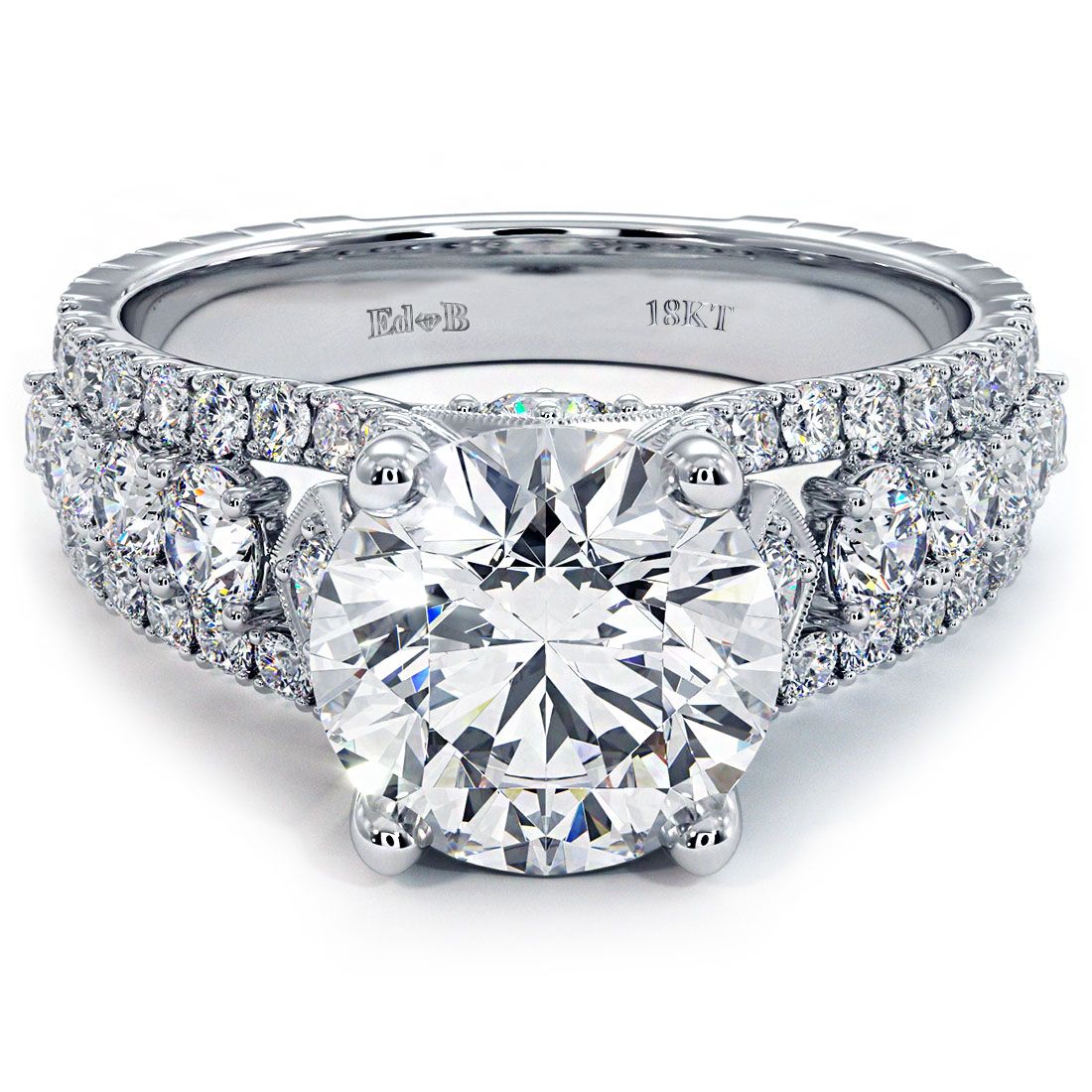 Vintage-style cathedral split shank diamond engagement ring setting in 18k white gold with 1.10ctw of G color, SI1 clarity round brilliant side diamonds, shown in clean studio lighting from a front-facing angle; designed for a 3.0ct round center stone (not included) with graduated brilliance and handcrafted detail — from Global Sky Diamond at 44 W 47th St Booth GF-10, NYC Diamond District — available now at globalskydiamond.com