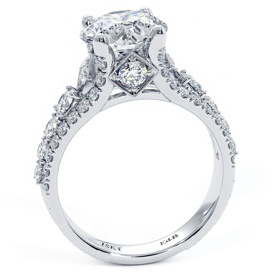 Overhead view of split shank cathedral engagement ring setting with round center diamond mount (3.0ct not included), 1.10 carats of side diamonds in G color SI1 clarity, vintage-style graduated band in polished 18k white gold — expertly crafted by Global Sky Diamond, 44 W 47th St Booth GF-10, NYC — explore bridal designs at globalskydiamond.com