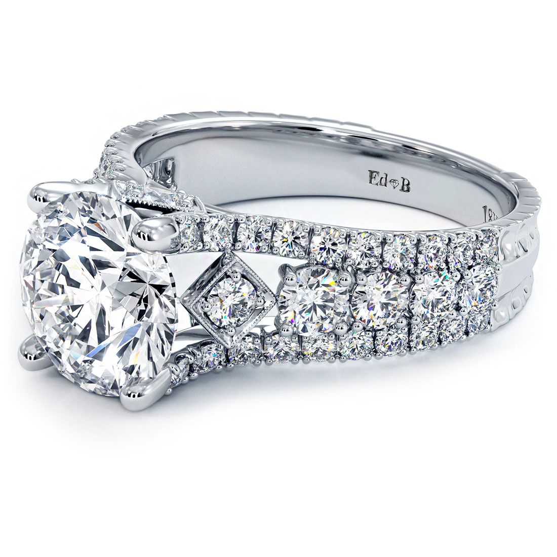 Detailed angled view of round brilliant vintage cathedral split shank ring setting in 18k white gold with gracefully tapered side diamonds totaling 1.10ctw, G color SI1 clarity, supporting a raised 3.0ct round center mount (stone not included) — see this elegant heirloom design at Global Sky Diamond, 44 W 47th St Booth GF-10, Diamond District NYC or online at globalskydiamond.com.