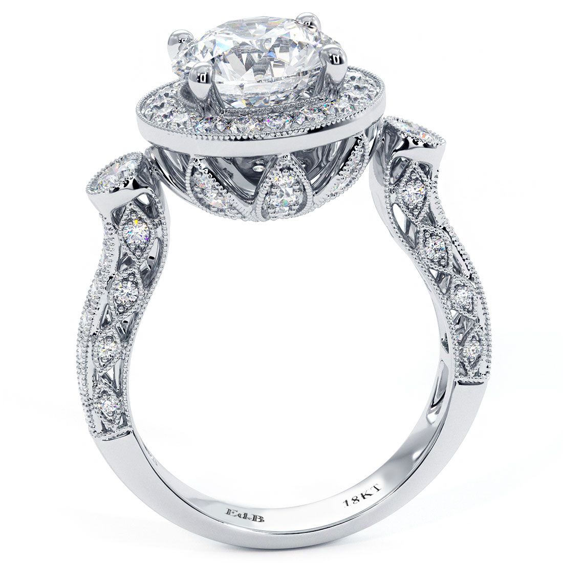 Side profile image of vintage round halo engagement ring setting with 1.05ctw of G color SI1 clarity micropavé side diamonds, milgrain-lined filigree gallery, and polished 18k white gold band, built for a 2.0ct round center diamond (not included), crafted by Global Sky Diamond, located at 44 W 47th St Booth GF-10 in NYC Diamond District — shop online at globalskydiamond.com.