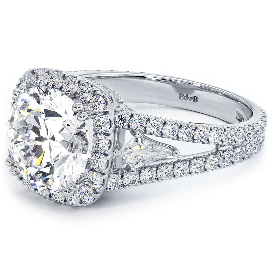 Angled close-up of 18k white gold cushion halo diamond ring setting with round center, featuring intricately set micropavé diamonds and a split shank encrusted in G/SI1 diamonds (1.40ctw total), perfect for luxury engagements — exclusive at Global Sky Diamond, Diamond District NYC, 44 W 47th St Booth GF-10, visit globalskydiamond.com for more