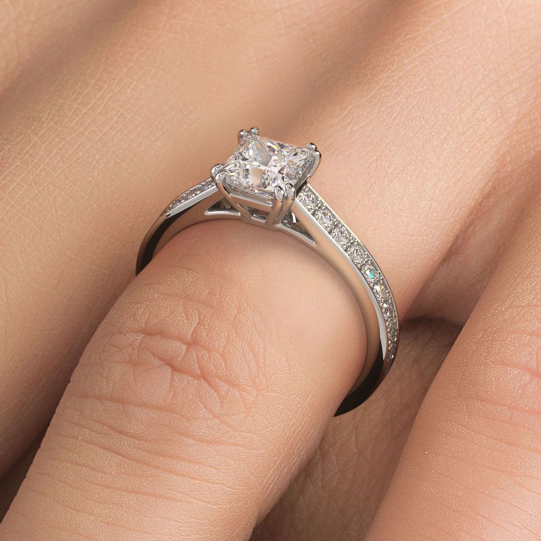 Close-up of princess cut diamond setting with petite micropavé shank, cathedral shoulders, and bright white gold from Global Sky Diamonds, 44 W 47th St NYC – perfect engagement ring setting – globalskydiamond.com