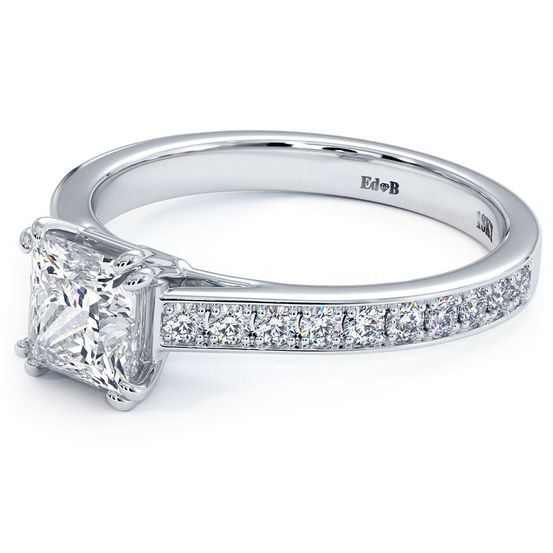 Side view of Princess Cut Diamond Engagement Ring Setting with cathedral mount and micropavé accents, crafted in 18k White Gold by Global Sky Diamonds – shop at globalskydiamond.com – NYC Diamond District