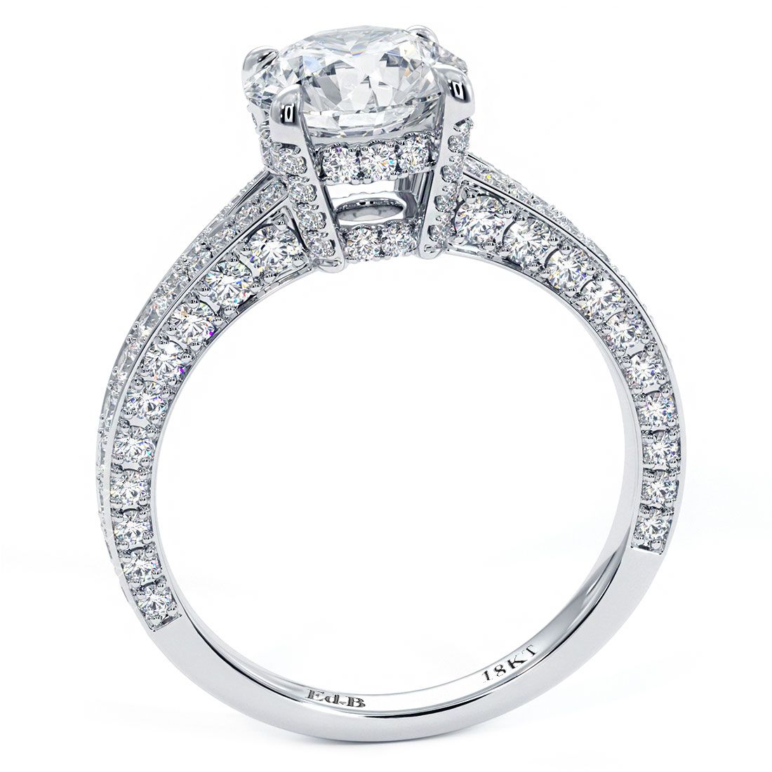 Round diamond setting with elegant split shank micropavé style in solid 18k white gold, 0.92ctw, for 1.50ct center, Global Sky Diamonds NYC, globalskydiamond.com
