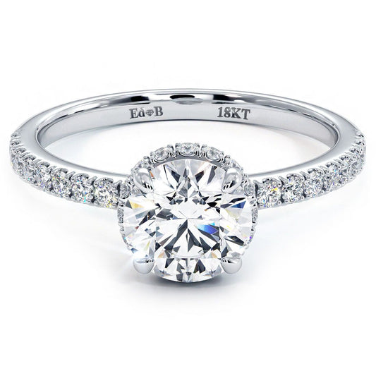 Side view of round hidden halo micropavé diamond engagement ring setting in 18k white gold inspired by Sex & The City, crafted by Global Sky Diamonds in NYC Diamond District – globalskydiamond.com