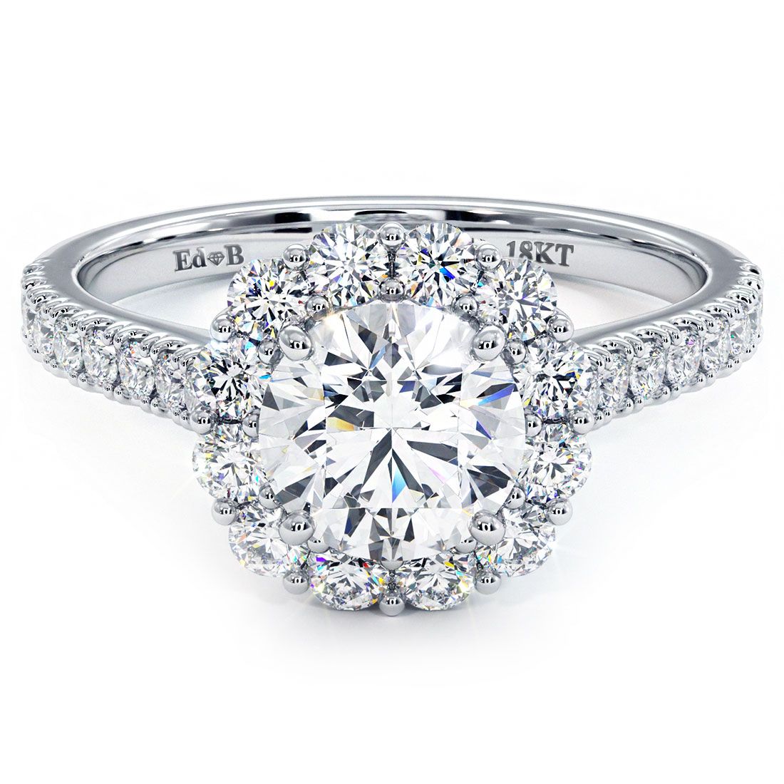18k white gold floral round halo engagement ring setting with cathedral diamond shank and bridge diamonds (0.80ctw) — Global Sky Diamonds NYC, 44W 47th St GF-10 — globalskydiamond.com