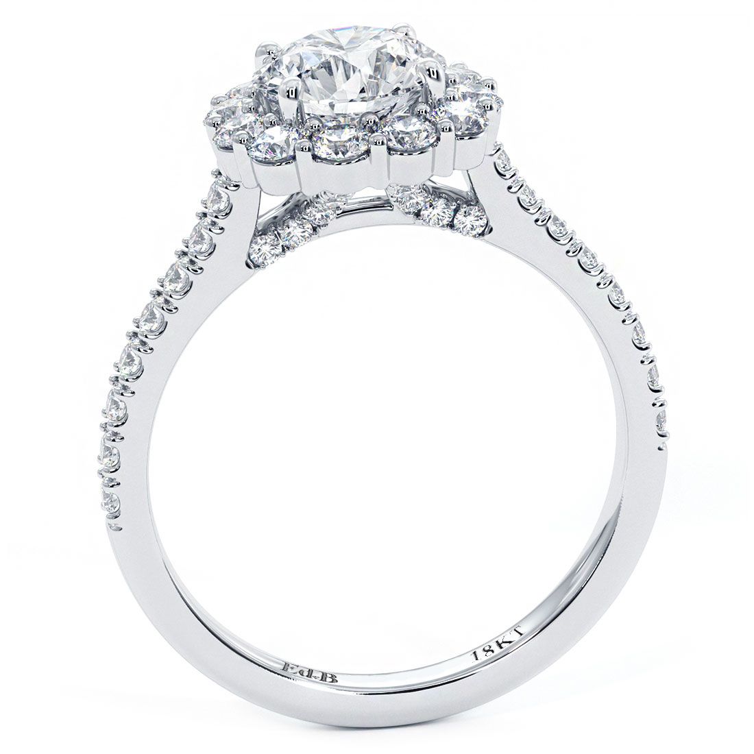 Cathedral-style round halo engagement ring setting with floral design, diamonds on bridge and shank (0.80ctw) in 18k white gold — handcrafted at Global Sky Diamonds, 44W 47th St GF-10 NYC — globalskydiamond.com