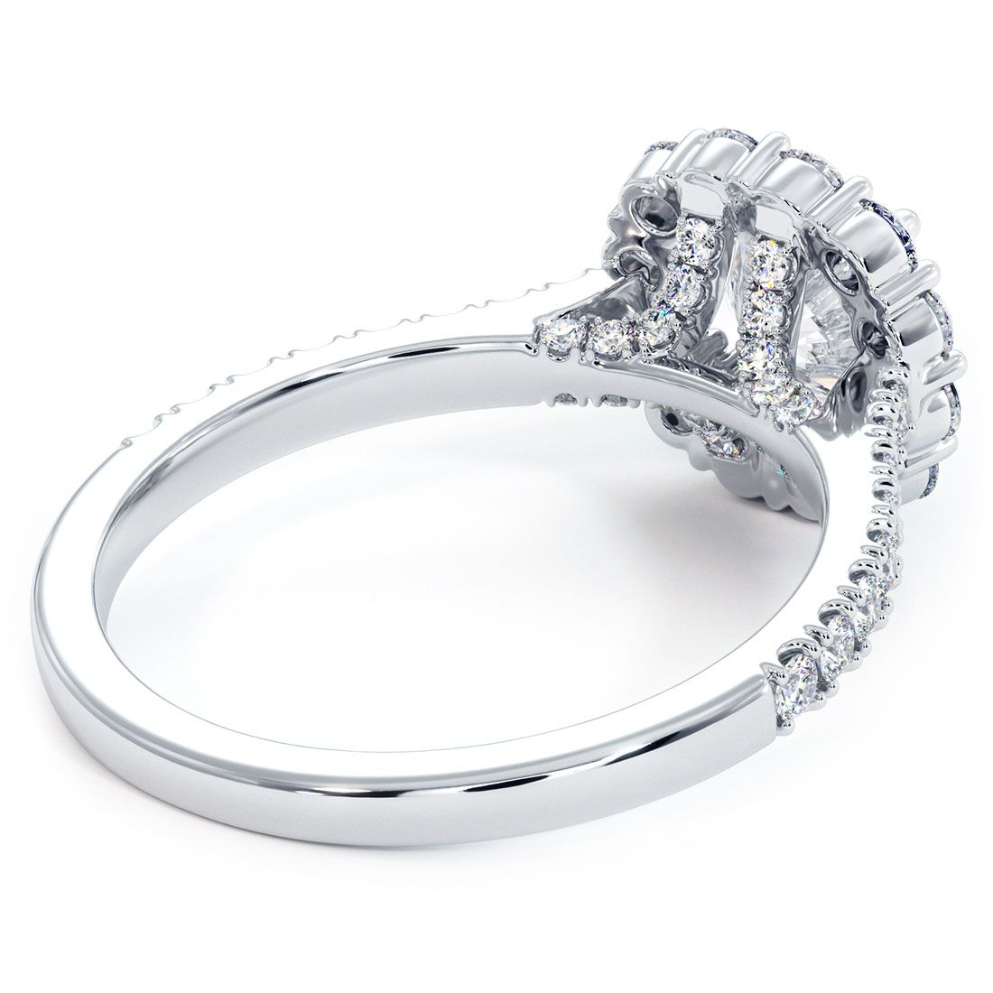 Underside close-up of floral round halo engagement ring setting with diamonds on bridge and shank (0.80ctw), 18k white gold — Global Sky Diamonds at 44W 47th St GF-10, NYC — globalskydiamond.com