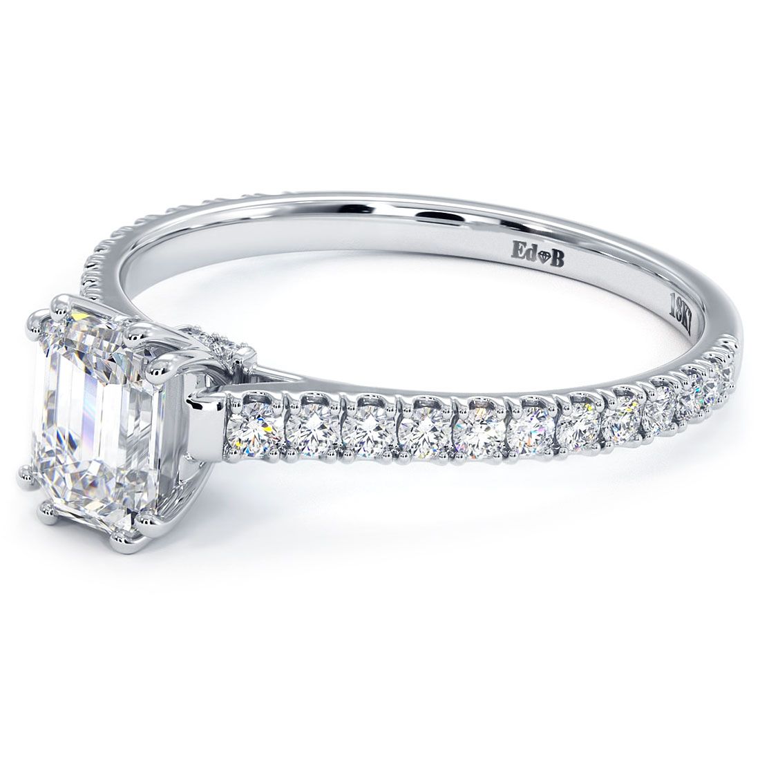 Detailed angle of 0.35ctw emerald cut engagement ring setting in 18k, with double prongs, micropavé band, diamonds under the head and elevated cathedral design from Global Sky Diamonds at 44W 47th St GF-10 - globalskydiamond.com
