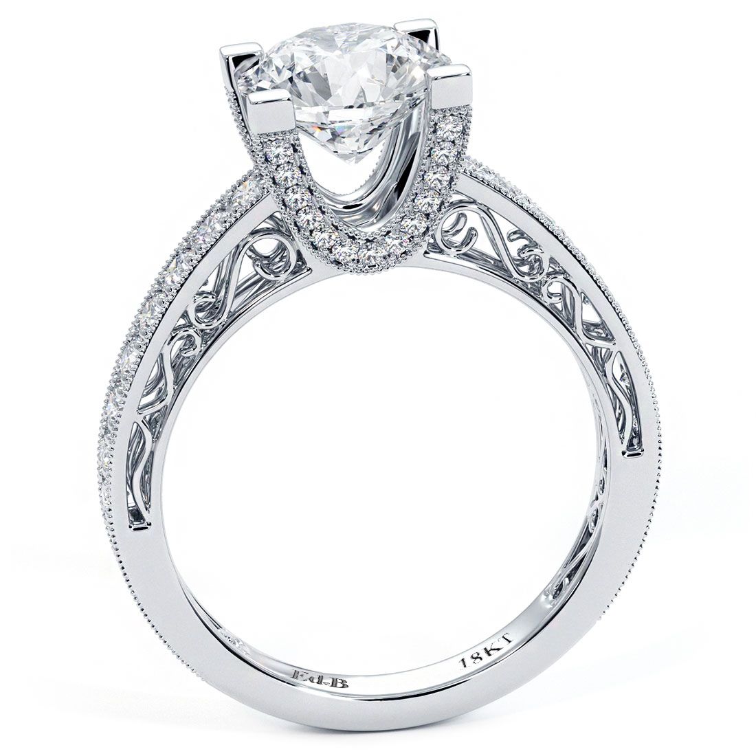 Side profile of 0.63ctw vintage-inspired engagement ring in 18k white gold, featuring filigree gallery and diamond-accented U-prong design, exclusive at Global Sky Diamonds, 44W 47th St Booth GF-10