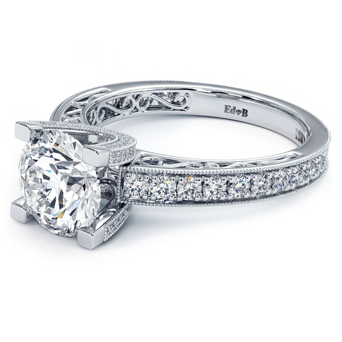 Angled close-up of round diamond engagement ring setting with pavé band, U-prong detail and milgrain edges in 18k white gold from Global Sky Diamonds in NYC’s Diamond District - global.sky.diamond on TikTok