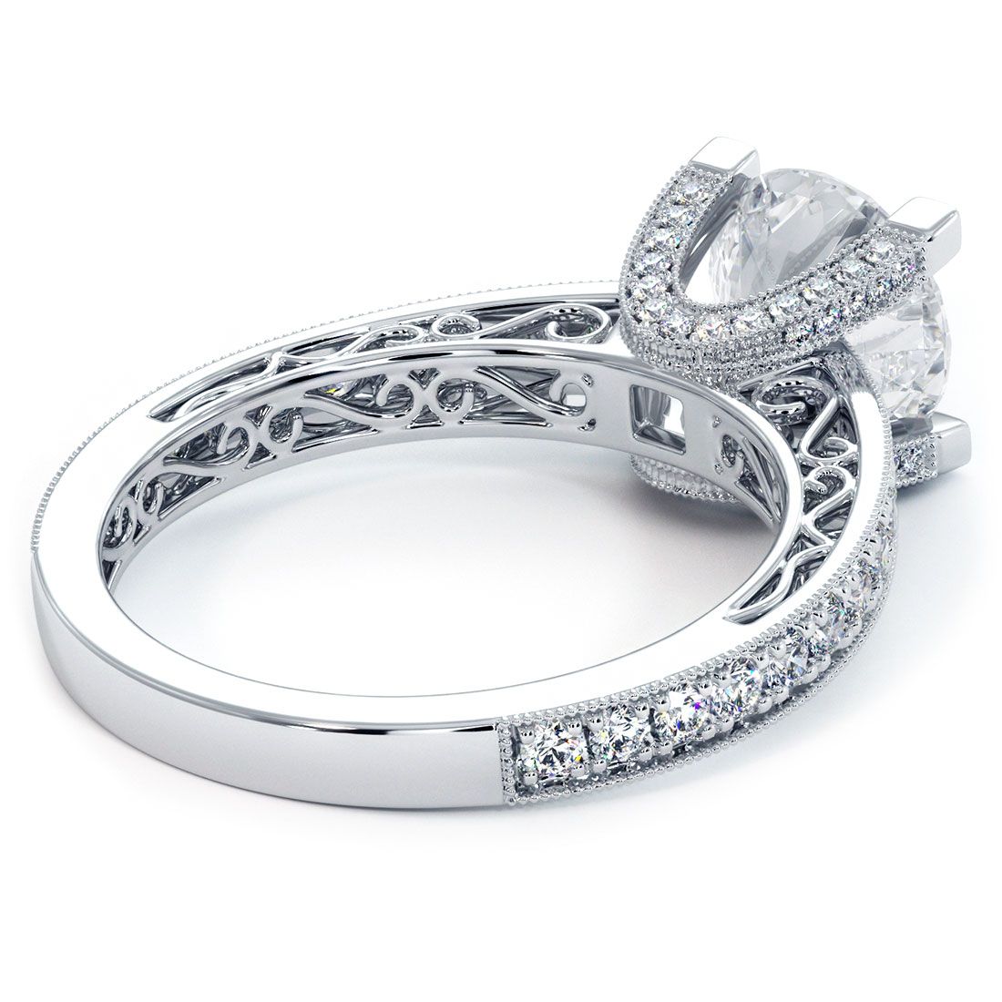 Intricate under-gallery view of vintage filigree diamond ring setting in 18k white gold, round head and U-shaped prongs from Global Sky Diamonds, top NYC Diamond District engagement ring jeweler