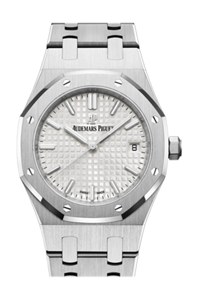 Front view of brand new Audemars Piguet Royal Oak 34mm silver dial watch ref. 77350ST.OO.1261ST.01 with stainless steel case and bracelet – available at Global Sky Diamonds – globalskydiamond.com